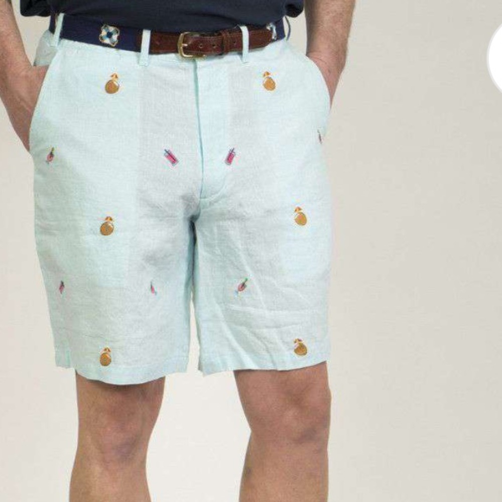 Castaway Light Blue Embroidered Antigua Linen Tropical Drinks shorts 33